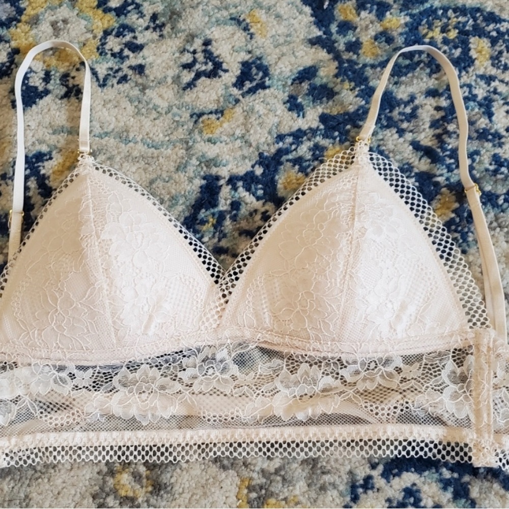 Triangle Cup Wireless Longline Lace Low Back Bra Bralette Blush Pink M 34ABC